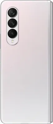 The back of a white Samsung Galaxy Z Fold3 5G smartphone is shown against a white background.