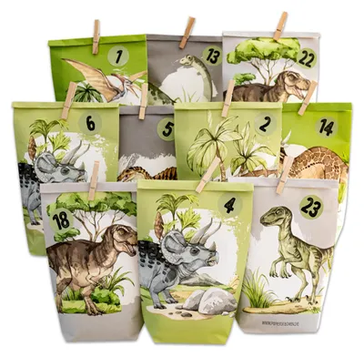 Adventskalender 2026 Dino-Motiv, 24 bedruckte Beutel, DIY-Set
