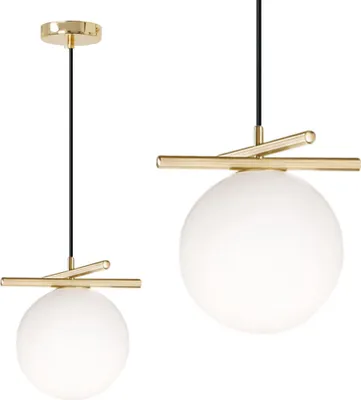 Two views of a modern pendant light with a gold metal frame and a white globe-shaped shade.
