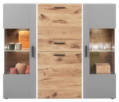 A modern highboard with gray doors and drawers with a wood-effect front.