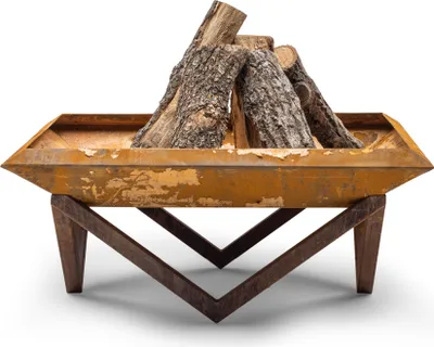 A fire pit filled with logs, placed on a white background.