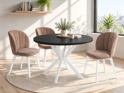 Produktbild von Runder Ausziehbarer Esstisch für 6-8 Personen - Loft Style Tisch mit Weißen Metallbeinen - 120 bis 200 cm - Industrieller Tisch für Wohnzimmer - Spacesaver - Schwarz - 120 cm