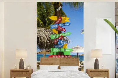 Produktbild von Fotobanner - Dekorativer Wandteppich mit farbigen Weltstädten auf Strand in Jamaika - Maße 120 cm x 240 cm