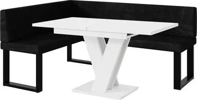Produktbild von MEBLINI Eckbank für Esszimmer mit ausziehbarem Tisch  - Küchenbank - Essecke - Sitzecke Küche - PETER - U-Beine 128x168x87cm Links - Schwarz Samt/M Weiß Matt