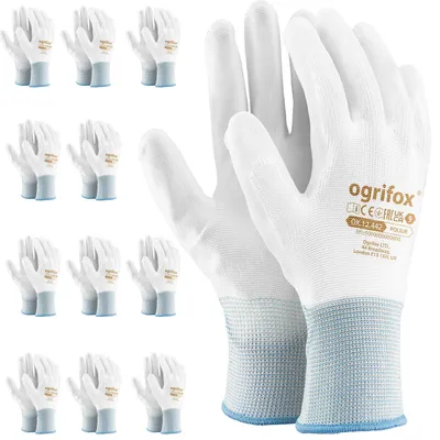 A group of white work gloves are displayed, with a close-up view of a pair of gloves on the right.