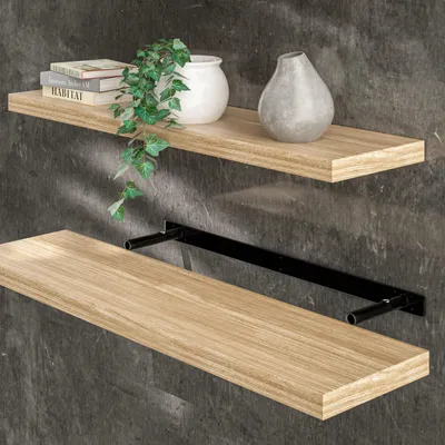 Produktbild von CASARIA® Wandregal Holz Eiche Regal mit Halterung 15kg Tragkraft Hängeregal Küche Wohnzimmer Flur Wand Schweberegal Bücherregal Regalbrett Schwebend 90cm