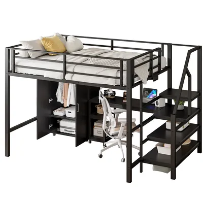 Produktbild von Hochbett mit Kleiderschrank, Schreibtisch, Regal und Lattenrost, 140x200 cm, Metallbett mit Rausfallschutz