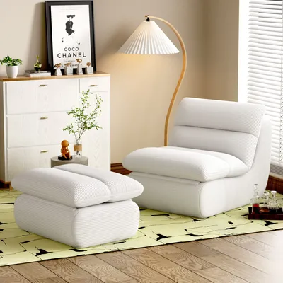 Image de okwish Fauteuil relax et canapé pliable avec repose-pieds, dossier et coussin amovibles, canapé paresseux confortable pour salon et chambre, blanc