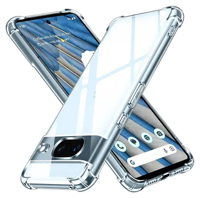 Two transparent phone cases are crossed over each other, with one showing a phone screen.