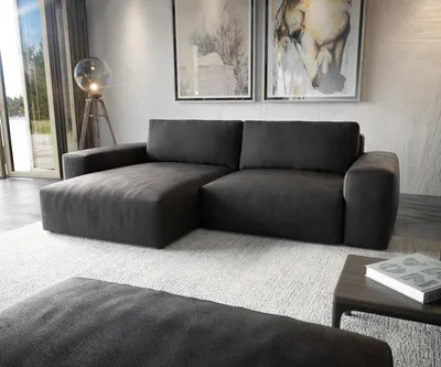 Produktbild von DELIFE Ecksofa Lanzo XL 270x180 cm Mikrofaser Vintage Anthrazit Recamiere variabel mit Hocker