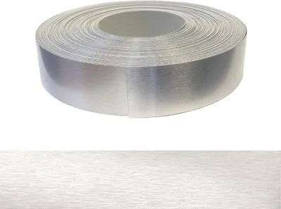 A roll of brushed aluminum edge banding tape is shown against a white background.