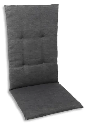 A dark gray chair cushion is shown on a white background.