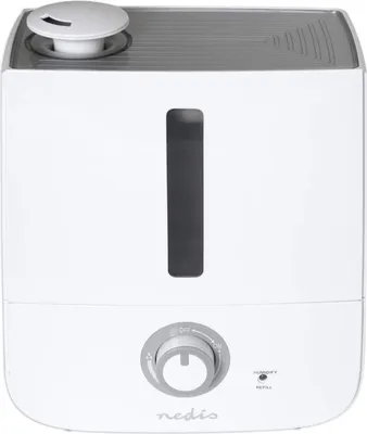 A white humidifier with a gray top and a clear water level indicator.