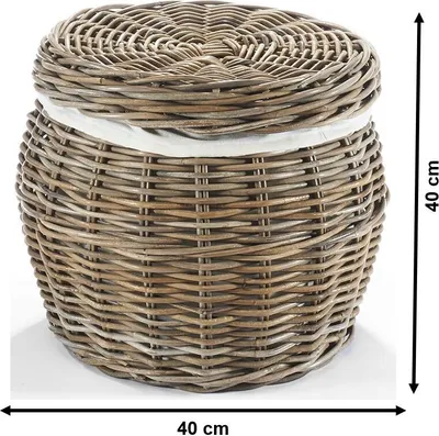 A wicker laundry basket with a fabric liner and lid, shown against a white background with size indicators.