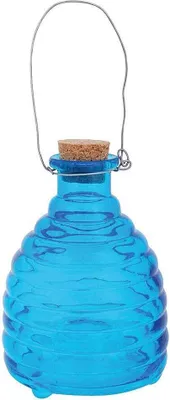 A blue glass wasp trap with a cork stopper and a wire handle, isolated on a white background.