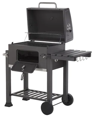 Produktbild von BELIANI Holzkohlegrill Grau Edelstahl rechteckig mit Aktivbelüftung Deckel Kurbel Thermometer Warmhalterost Ablage Aschelade Rollen integriertem Flaschenöffner Outdoor Garten
