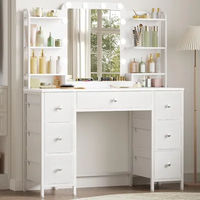 Immagine prodotto di Comò moderno con grande specchio, sette cassetti e vani a giorno