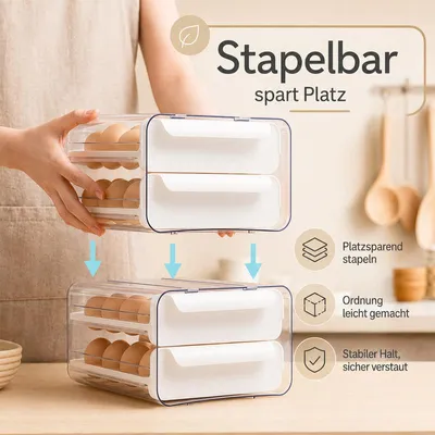 Produktbild von Eierbox für den Kühlschrank – 32 Eier, 2 Schubladen, transparent, stapelbar aus PET – Eierhalter und Kühlschrank-Organizer mit großer Kapazität