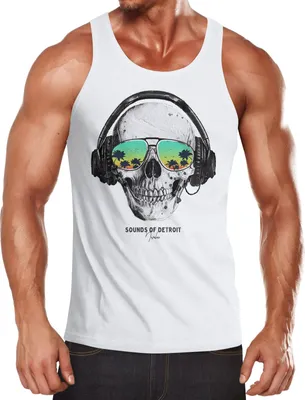 Produktbild von Herren Tank-Top Totenkopf Kopfhörer Musik Party Skull Sonnenbrille Schädel Muskelshirt Muscle Shirt Neverless® weiß XL