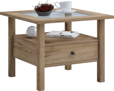 Zdjęcie produktu dla Drewniany stół boczny ze szkłem bezpiecznym ESG | Stolik kawowy prosty | Wymiary ok. H. 42 x W. 54 x D. 54 cm | Stół do salonu z szufladą | Sofa - Lingis M