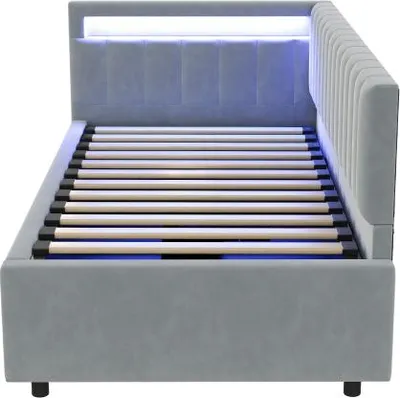Produktbild von Polsterbett Ohne Matratze Holzbett Kinderbett Schlafsofa 90x200 cm LED Stauraum Vertikale Streifen Samt Hellgrau Lattenrost Jugendbett Einzelbett