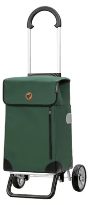 A green shopping trolley with a silver frame and black wheels, shown against a white background.