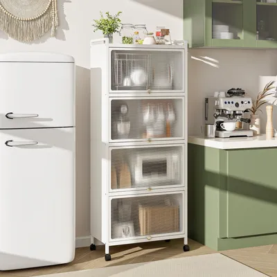 Immagine prodotto di Mobile contenitore a 5 ripiani con ante, credenza con rotelle, sistema anti-ribaltamento e chiusura magnetica, cassettiera per soggiorno e ufficio (bianco)