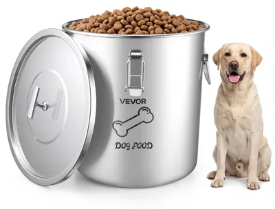 Image de Conteneur de nourriture pour chiens VEVOR, 20 litres, en acier inoxydable. Récipient idéal pour les animaux de compagnie, parfait pour le salon et la cuisine. Doté de poignées en métal, d'un joint en silicone, résistant à la rouille, avec une surface polie et un couvercle hermétique