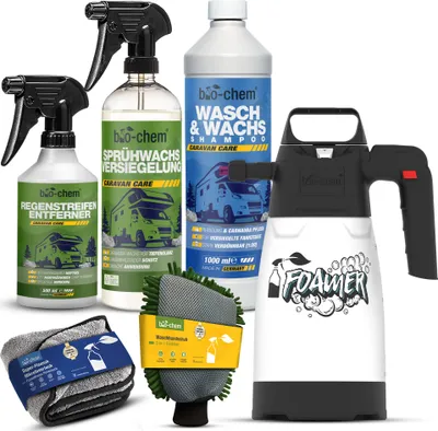 Produktbild von bio-chem Caravan Versiegelung PROFI-SET 6-tlg. – Wasch & Wachs, Regenstreifen-Entferner, Sprühwachs-Versiegelung + Zubehör – Wohnmobil & Wohnwagen Pflege-Set für langanhaltenden Glanz & Schutz