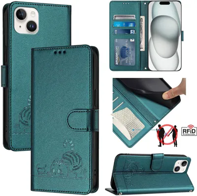 Image de Etui en cuir pour iPhone 14 Plus, étui Flip avec fonction stand et portefeuille vert