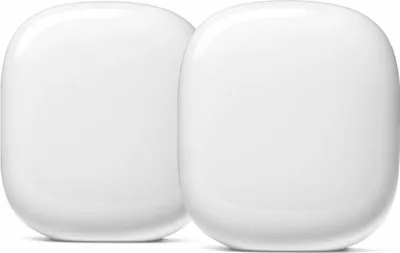 Two white Google Nest Wifi Pro devices are shown side-by-side against a white background.