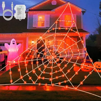 Spinnennetz-Lichterkette 5x5m, 120 orange LEDs, USB/Batterie, Timer, 8 Modi