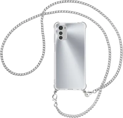 Produktbild von Handykette Backcover-Schutzhülle mit Band (Metall silberfarben) für Motorola Moto E32, Moto E32s - silberfarbene Kette