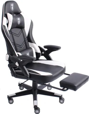 Produktbild von Gaming Stuhl im modernen Racing-Design mit ausziehbarer Fußstütze Gaming Chair mit verstellbaren Design Armlehnen ergonomischer Schreibtischstuhl mit extra Stützkissen,Farbe:Schwarz/Weiß