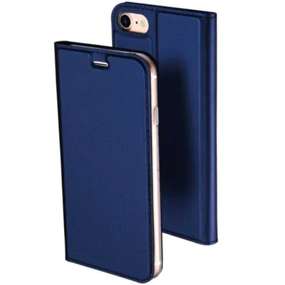 A blue flip case for a smartphone is shown against a white background.