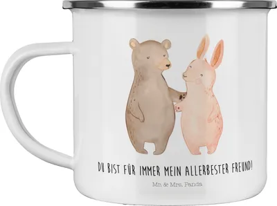 Produktbild von Mr. & Mrs. Panda Emaille Tasse Bär und Hase Umarmen - Weiß - Geschenk, Pott, Umarmung, Haferl, Hocheitstag, Becher, für Immer, Beste Freundin, Teetasse, Campingtasse