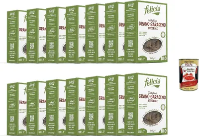 Produktbild von Felicia, Pasta Tortiglioni di Grano Saraceno Integrale, Vollkornnudel, reiche Quelle für Ballaststoffe und Mineralsalze, Magnesium und Mangan, Veganer, 14x 340 g + Italian Gourmet polpa 400g