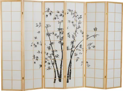 Image de 6 pan Paravent bois avec dessin bambou en noir