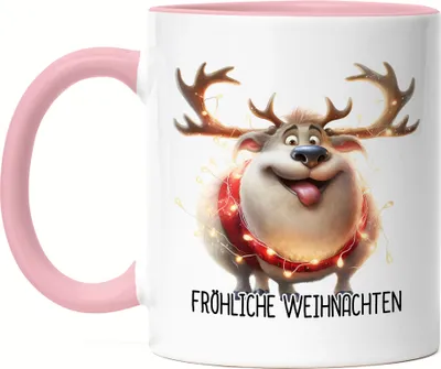Produktbild von Fröhliche Weihnachten Lustiges Rentier Julklapp Geschenk Tasse Rosa Lichterkette Adventsgeschenk