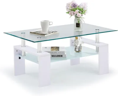 Produktbild von CLIPOP Couchtisch, Glas Wohnzimmertisch, 100x60x45cm rechteckiger Beistelltisch, Weiß