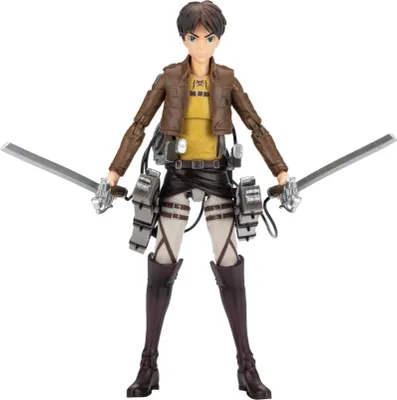 An action figure of Eren Jaeger from Attack on Titan, holding two swords.