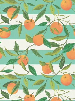 Produktbild von Gestreifte Vliestapete mit gemalten Orangen und Blättern – türkis, orange, grün