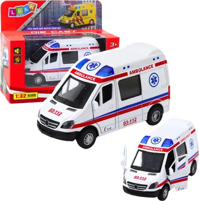 Zdjęcie produktu dla Karetka Ambulans Metalowy Z Napędem Pull Back Światła Dźwięki Biały 1:32