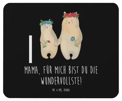 Produktbild von Mr. & Mrs. Panda Mauspad Bären mit Blumenkranz - Schwarz - Geschenk, Mousepad, mausteppich, Mouse Pad, computer, Familie, Muttertag, Tochter, Mama, mousematte