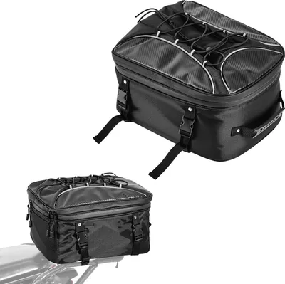 Image de Sacoche arrière pour moto, sacoche arrière extensible de 22 à 34 litres avec housse de pluie imperméable, sac à dos de rangement pour bagages de moto de sport en plein air avec sangles, poche et cordon élastique, noir