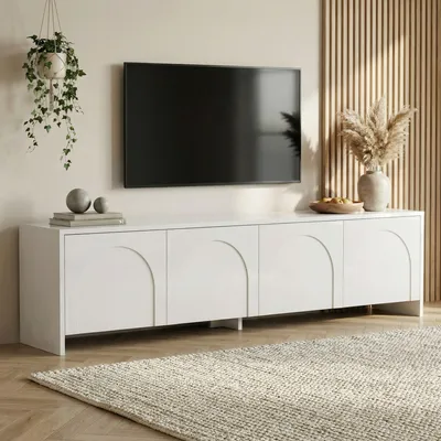 Produktbild von Skye Decor, Hochwertiger TV-Ständer, Weiß, 180 x 45 x 32 cm | 100% melaminbeschichtete Spanplatte, 18 mm dick | Moderner, eleganter Stil für Ihr Wohnzimmer oder Home Office.