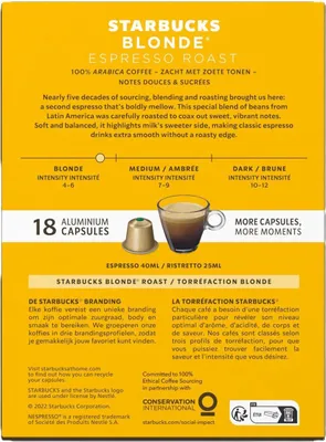 The image shows the packaging of Starbucks Blonde Espresso Roast coffee capsules.