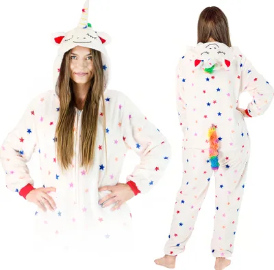 Produktbild von ZOLTA Jumpsuit Onesie für Damen und Herren - Sanft Kuschelig Uni Pyjama - Warme Schlafanzug - Kostüm für Party und Halloween - Größe 148-160 cm S - Neues Stern-Einhorn