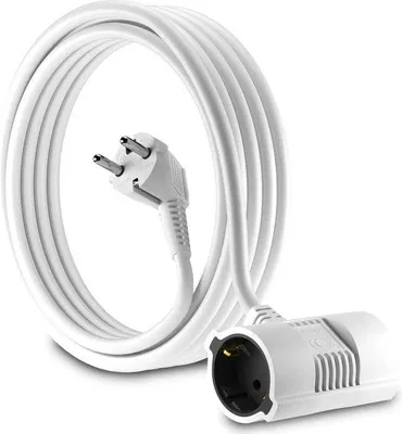 Imagen del producto de Cable de extensión de 5 metros, con conector Schuko, grado de protección IP20, conector de 90° curvado, color blanco, doble enchufable, con toma de tierra, 250V, 50Hz, 16A, cable de la UE, 5 metros