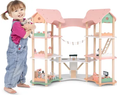 Produktbild von COSTWAY Puppenhaus aus Holz, 7-Zimmer 3-stöckiges Puppenhaus mit 32 realistischen Möbelzubehörteilen, Dächern